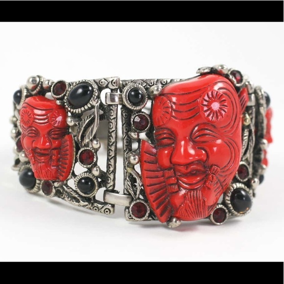 VINTAGE Selro Red Devil Bracelet Japanese Theater Okina Noh Mask Red Warrior - Picture 9 of 10